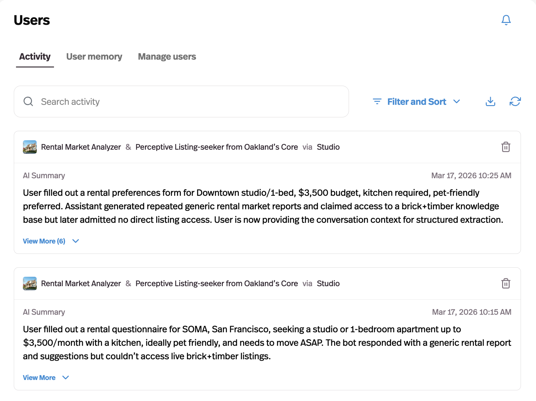 Pickaxe user activity feed showing client onboarding interaction tracking